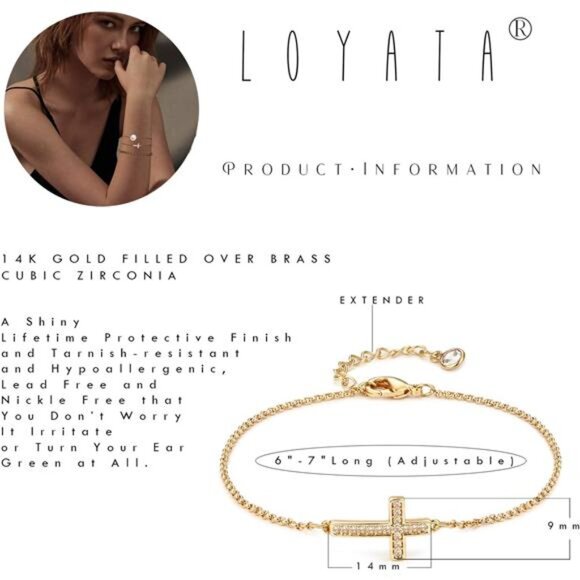 Gold filled cross bracelet dainty chain adjustable CZ minimalist jewelry for wom - Picture 5 of 7